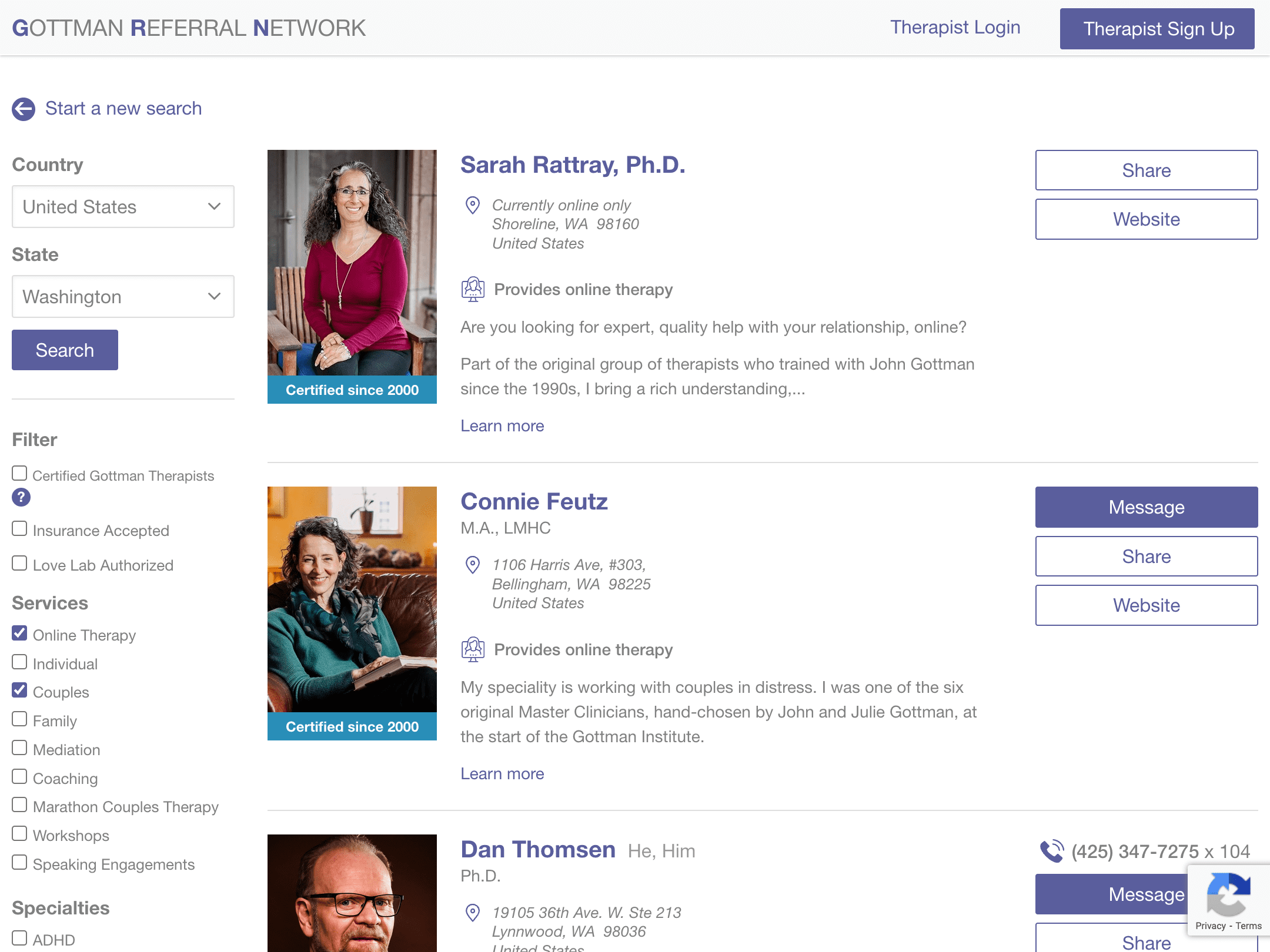 Gottman Referral Network search results