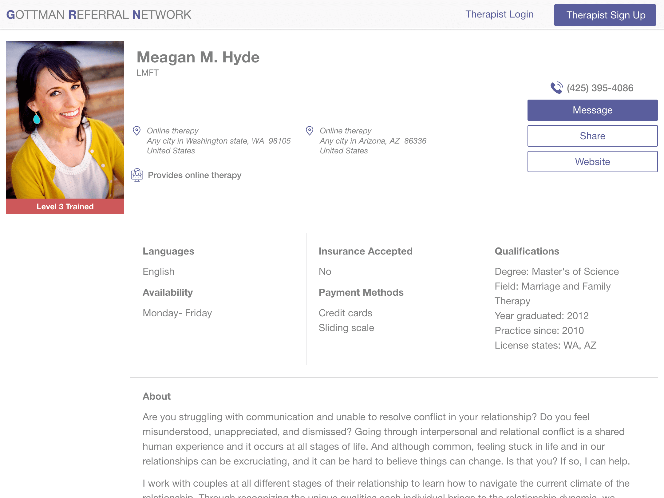 Gottman Referral Network therapist profile